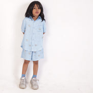 Pale Sky Co-ord by Zouhi — pale blue sugar cane fibre shirt and shorts with hand-set crystal florets, full front view