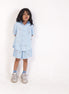 Pale Sky Co-ord by Zouhi — pale blue sugar cane fibre shirt and shorts with hand-set crystal florets, full front view