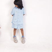 Pale Sky Co-ord shown full length, sugar cane fibre two-piece for children