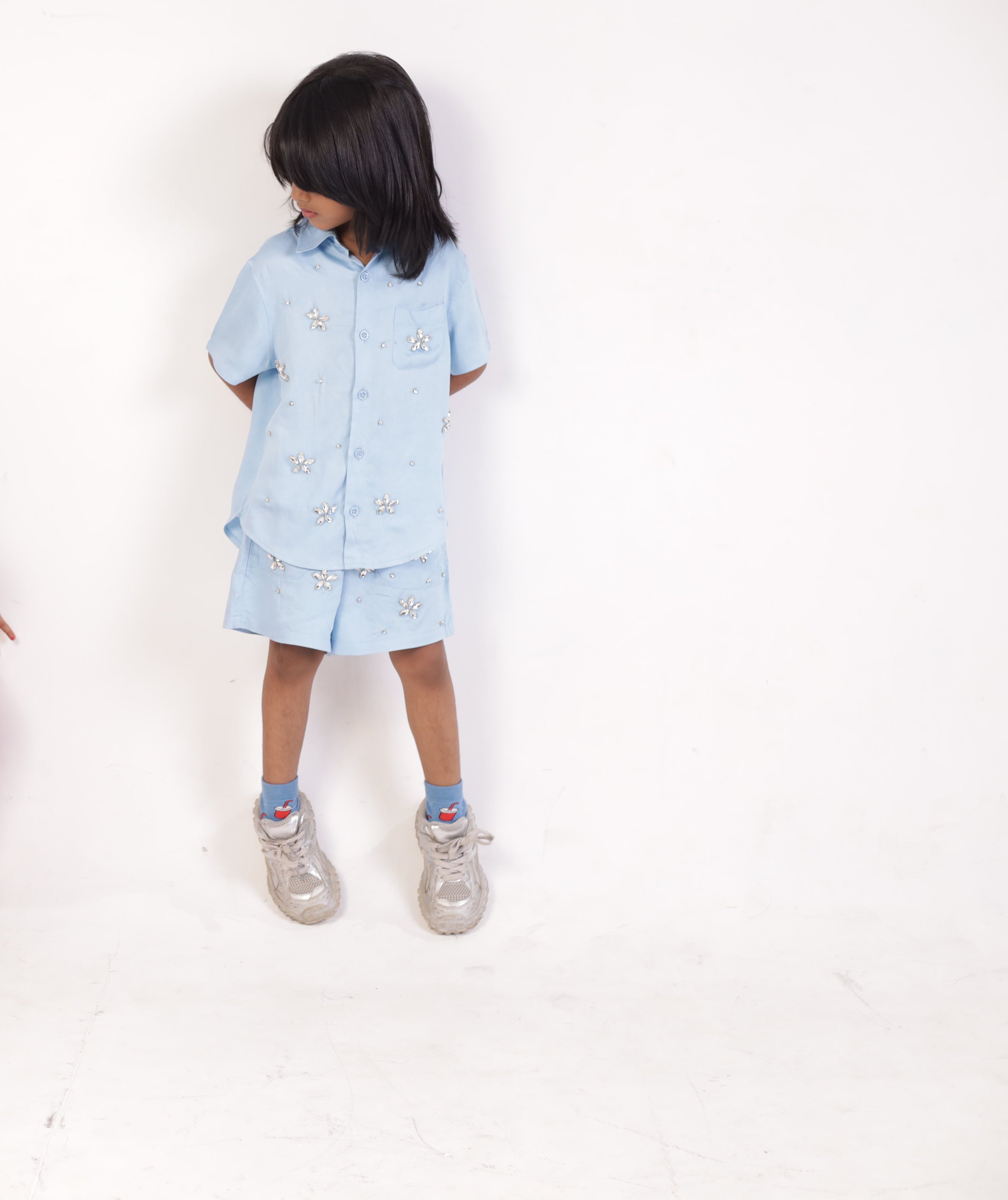 Pale Sky Co-ord shown full length, sugar cane fibre two-piece for children